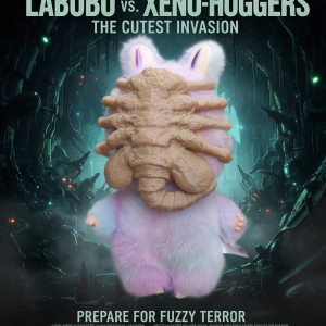 Movie poster for 'LABOBO vs. XENO-HUGGERS', showing a fluffy pastel plush toy with an alien facehugger on its face, set against a dark, ominous sci-fi background.