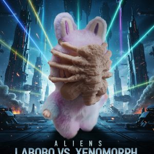 A stylized black cat character, Loame Leader, faces off against a Xenomorph Alien figure in an industrial sci-fi setting with a yellow power loader.