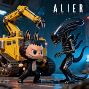 A stylized black cat character, Loame Leader, faces off against a Xenomorph Alien figure in an industrial sci-fi setting with a yellow power loader.
