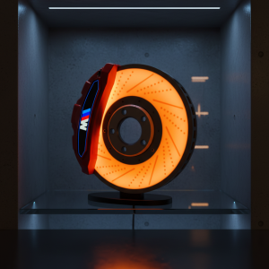 Glowing BMW M performance brake disc and red caliper displayed in a dark, modern alcove.