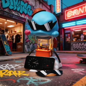 Urban Squirtle figure with pixelated sunglasses, fedora, and cart, on a graffiti-covered street with neon lights and skateboards.