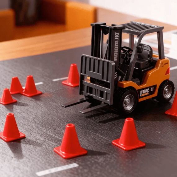 Orange toy forklift on a miniature course with red traffic cones.