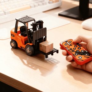 Orange remote control toy forklift with mini package and controller on a desk.