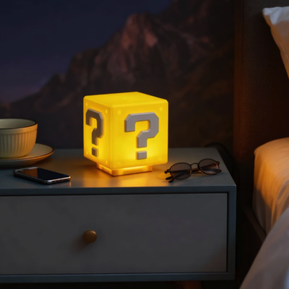 Glowing Super Mario Question Block lamp on a bedside table.