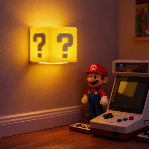 Super Mario Bros. Question Block light, Mario figure, and retro Famicom arcade machine in a gaming room.