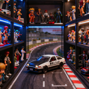 Detailed diorama of a white and black Toyota AE86 Initial D model car on a miniature race track, flanked by LED-lit display shelves filled with numerous anime action figures and collectible cars.
