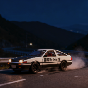 Iconic Initial D Toyota AE86 drifting on a dark, winding mountain road at night under a full moon, with smoke trailing.