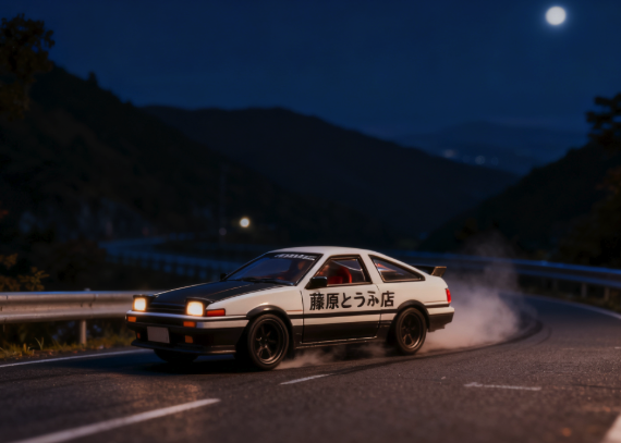 Iconic Initial D Toyota AE86 drifting on a dark, winding mountain road at night under a full moon, with smoke trailing.