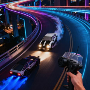 Two RC drift cars racing on a vibrant neon-lit city highway at night, with a hand holding a remote control.