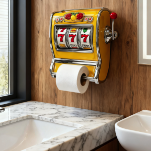 Novelty yellow slot machine toilet paper holder with '777' reels in a modern bathroom.