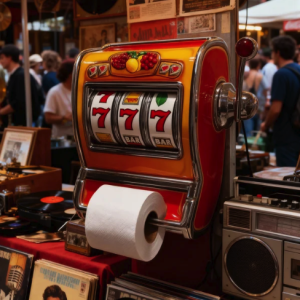 Vintage slot machine with toilet paper dispenser, surrounded by vinyl records and a boombox at a lively retro market stall.