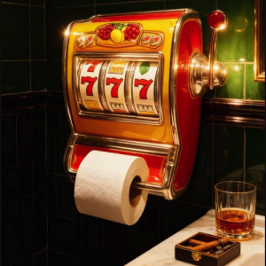 Vintage slot machine toilet paper holder with whiskey and cigars in a luxurious bathroom.