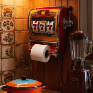 Quirky slot machine-themed paper towel holder displaying '777' in a retro kitchen, with a colorful pot and a vintage blender.
