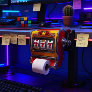 A humorous tech desk featuring a slot machine toilet paper dispenser showing '777' jackpot, coding monitors, illuminated keyboard, and neon lighting.