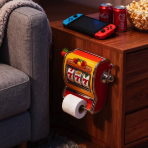 Novelty slot machine toilet paper holder next to a Nintendo Switch and snacks.