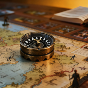 Atmospheric tabletop board game setup with map, miniatures, brass spinner, and vintage lamp.