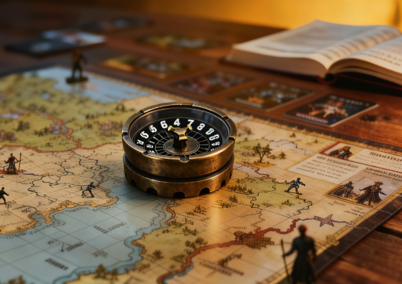 Atmospheric tabletop board game setup with map, miniatures, brass spinner, and vintage lamp.
