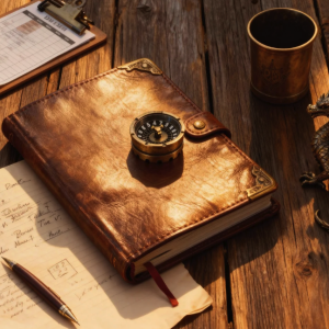 Vintage desk setup with a leather journal, compass, fountain pen, and dragon figurine on a rustic wooden surface.