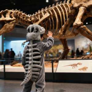 Child in dinosaur skeleton costume waves at large T-Rex fossil in museum.