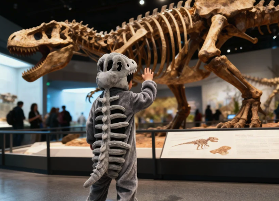 Child in dinosaur skeleton costume waves at large T-Rex fossil in museum.