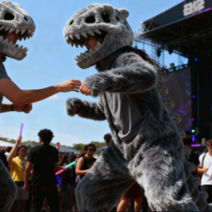 Two people in grey dinosaur skeleton costumes at an outdoor music festival with a stage and crowd.