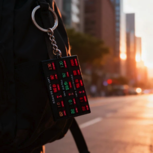 Back to the Future Time Circuits keychain on a black backpack, set against a blurry golden city street at sunset.