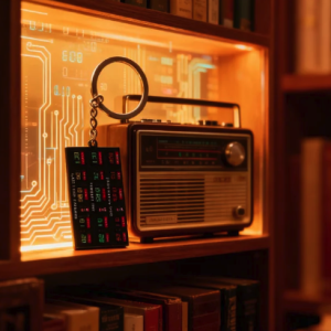 Vintage radio, digital keychain, and illuminated circuit board on a wooden bookshelf.