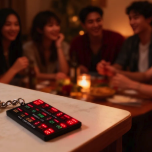 Close-up of a retro-style pixel art keychain with red and green segments on a counter, with blurred friends socializing at a dinner party in the background.