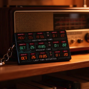 Back to the Future Time Circuits keychain displaying dates on a wooden shelf next to a vintage radio.