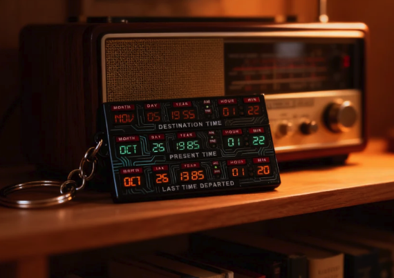 Back to the Future Time Circuits keychain displaying dates on a wooden shelf next to a vintage radio.