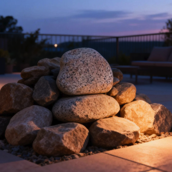 Illuminated rock sculpture on a modern patio at twilight