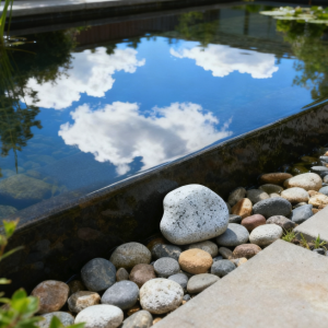 Reflective garden pond with blue sky and cloud reflections, bordered by river stones.