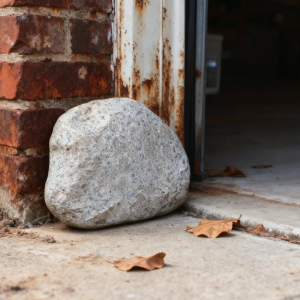 Large gray rock rests against a weathered red brick wall and rusty garage door frame with dry leaves on concrete.