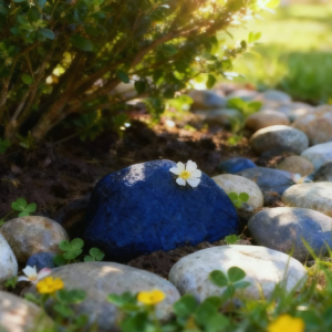 Sunny garden border with blue stone, white flower, and decorative river rocks.