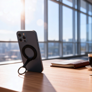 Smartphone with magnetic ring stand, hot coffee, and notebook on a sunny office desk overlooking a city skyline.