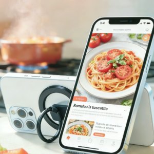 Hand holding white smartphone with black magnetic phone ring holder and kickstand.