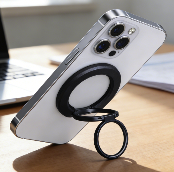White smartphone with black magnetic ring stand acting as a kickstand on a wooden desk.