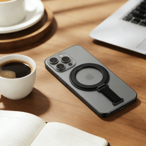 Black magnetic phone ring holder with adjustable fabric strap on a minimalist gray background.