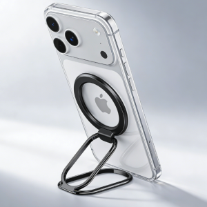 iPhone in clear case with black magnetic ring holder stand