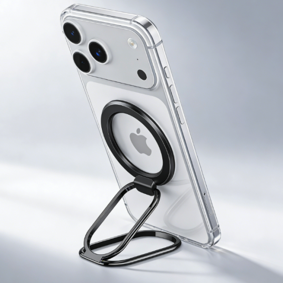 iPhone in clear case with black magnetic ring holder stand