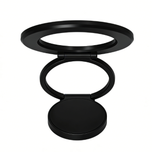 Black foldable phone ring stand or magnetic laptop mount with three articulated rings.