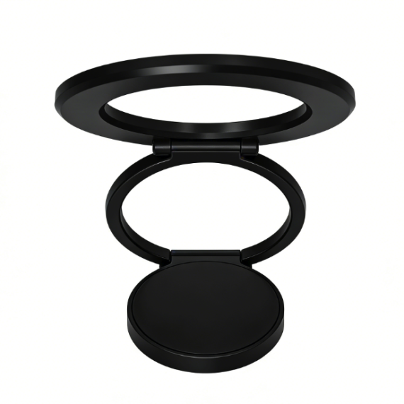 Black foldable phone ring stand or magnetic laptop mount with three articulated rings.