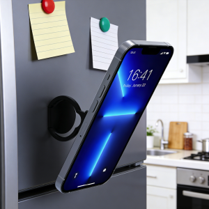 Smartphone attached to a dark gray refrigerator door using a black magnetic mount in a modern kitchen.