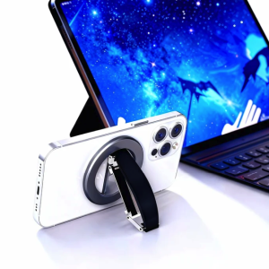 White smartphone with magnetic ring kickstand, next to a tablet displaying a blue galaxy background.