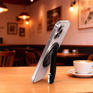 Silver smartphone with black magnetic kickstand standing on a wooden cafe table next to a cup of coffee.
