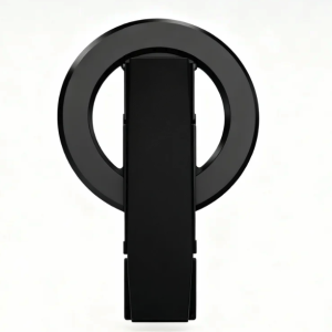 Black LED ring light with smartphone clip on white background