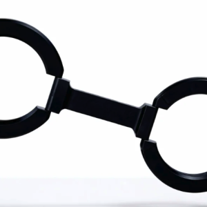 Modern black open-ended handcuffs on a white background.