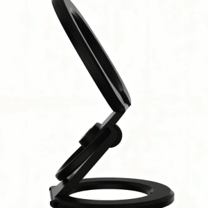 Adjustable matte black circular desktop stand for phone or tablet.