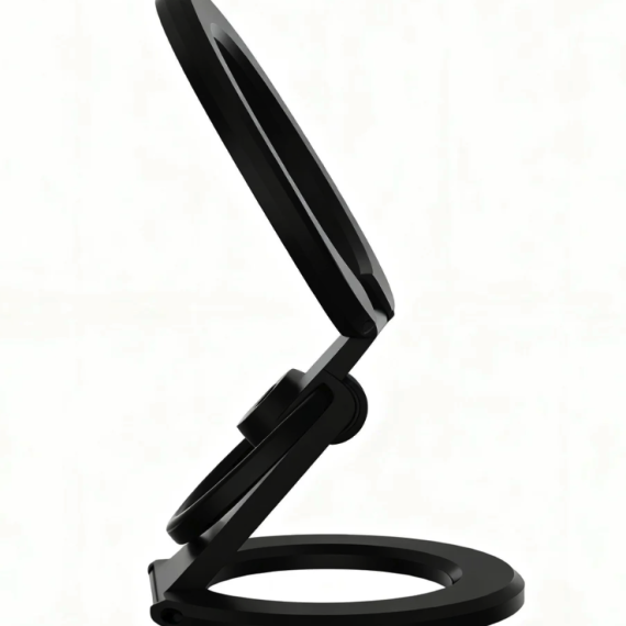 Adjustable matte black circular desktop stand for phone or tablet.