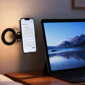 iPhone mounted on a black magnetic wall holder next to an iPad with a keyboard case on a wooden desk.